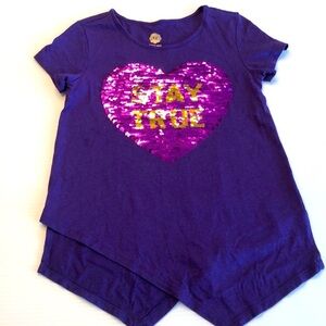 TG Total Girl Sequin Heart Purple Asymmetric Short Sleeve Top Girl Size M 5 EUC